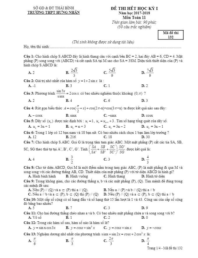 Đề thi học kỳ 1 Toán 11 năm học 2017 – 2018 trường THPT Hưng Nhân – Thái Bình