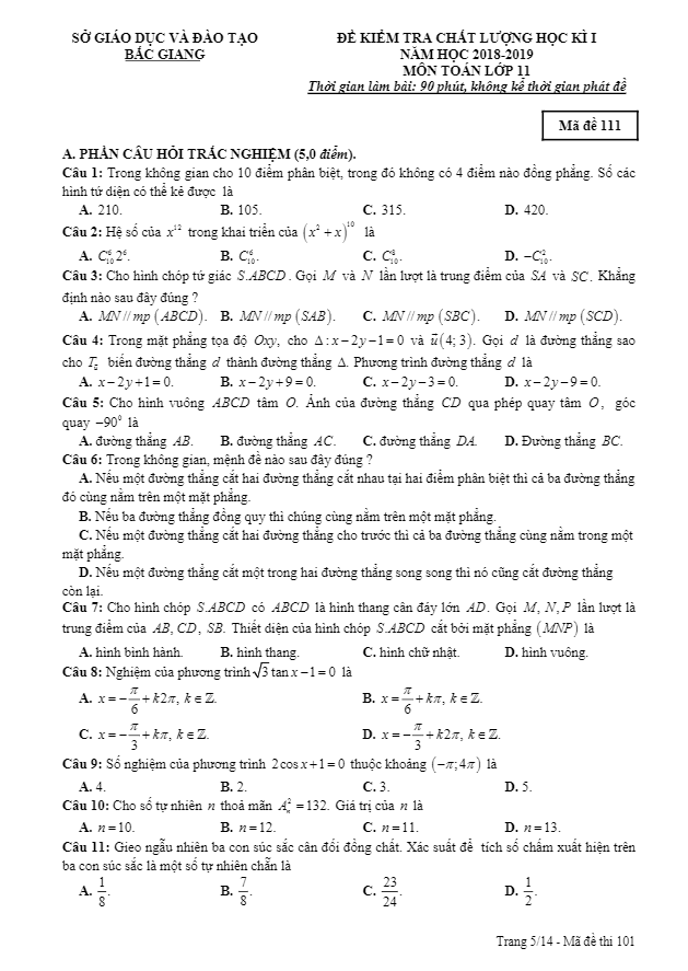 Đề thi học kỳ 1 Toán 11 năm học 2018 – 2019 sở GD và ĐT Bắc Giang