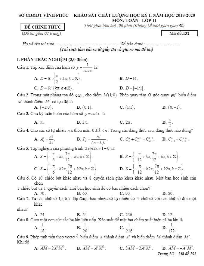 Đề thi học kỳ 1 Toán 11 năm học 2019 – 2020 sở GD&ĐT Vĩnh Phúc