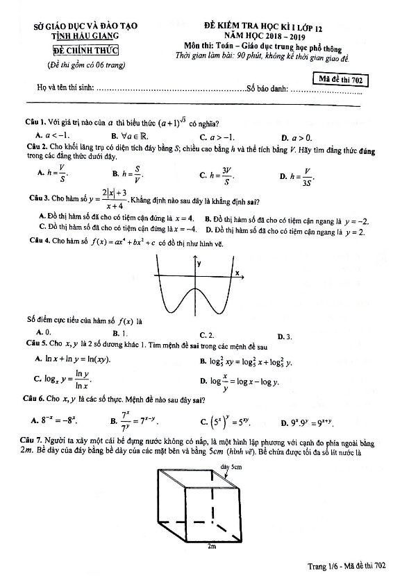 Đề thi học kỳ 1 Toán 12 năm học 2018 – 2019 sở GD và ĐT Hậu Giang