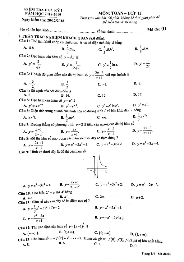 Đề thi học kỳ 1 Toán 12 năm học 2018 – 2019 sở GD và ĐT Phú Thọ