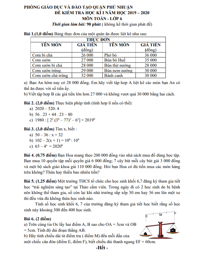 Đề thi học kỳ 1 Toán 6 năm 2019 – 2020 phòng GD&ĐT Phú Nhuận – TP HCM