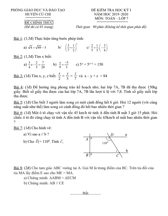 Đề thi học kỳ 1 Toán 7 năm 2019 – 2020 phòng GD&ĐT Củ Chi – TP HCM