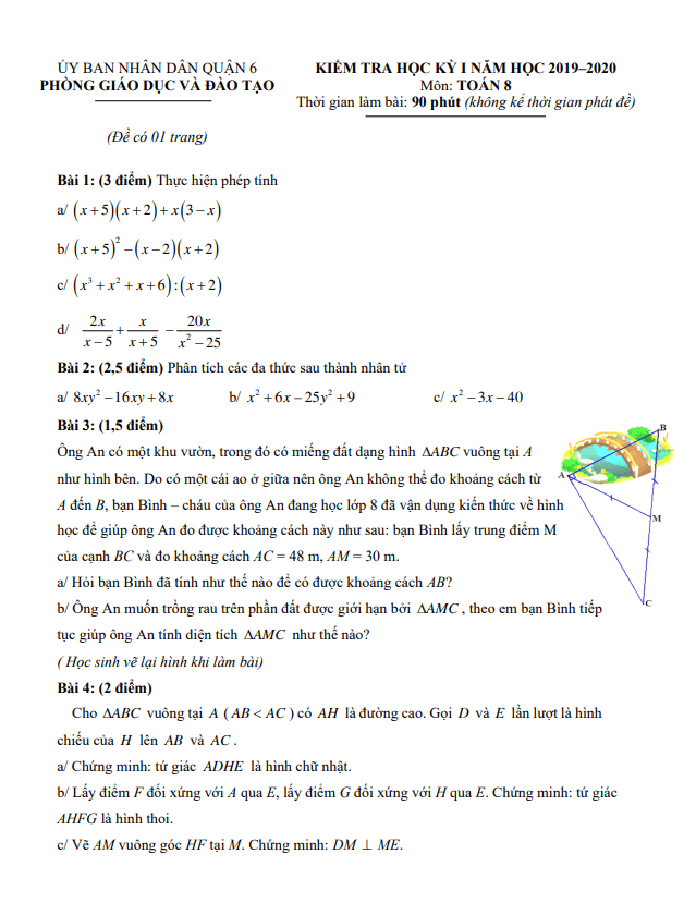 Đề thi học kỳ 1 Toán 8 năm 2019 – 2020 phòng GD&ĐT Quận 6 – TP HCM