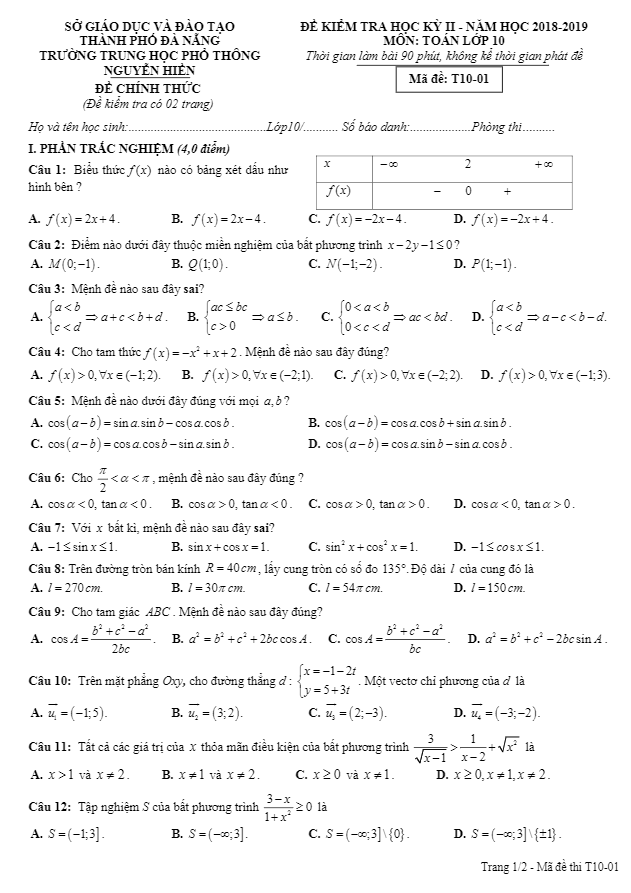 Đề thi học kỳ 2 Toán 10 năm 2018 – 2019 trường THPT Nguyễn Hiền – Đà Nẵng