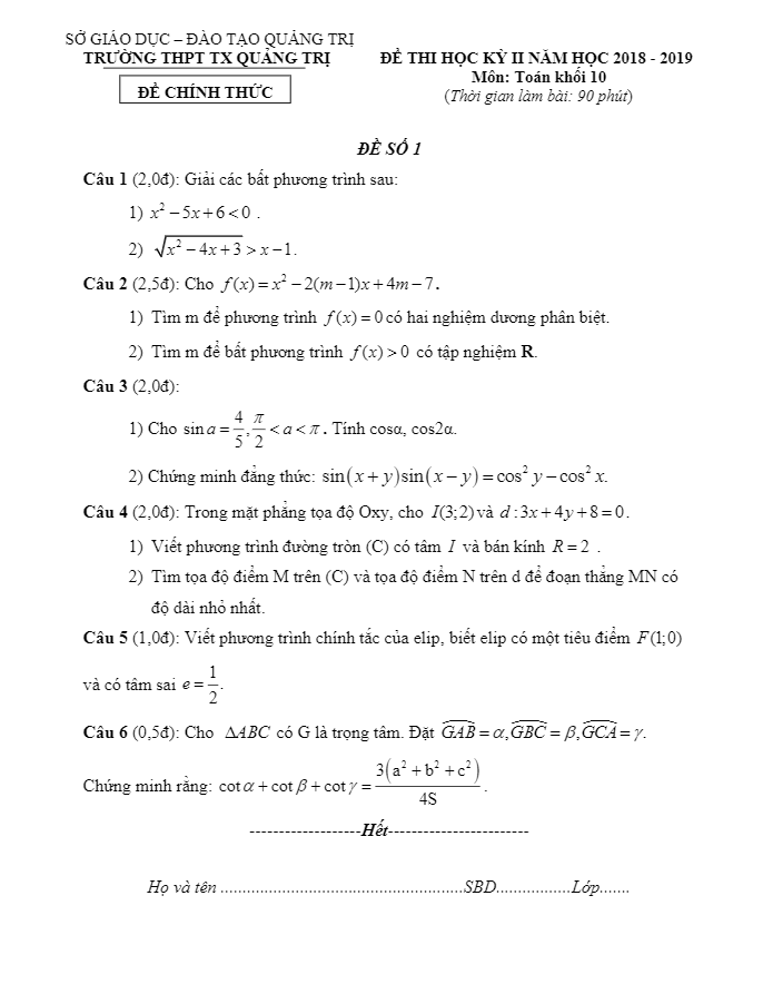 Đề thi học kỳ 2 Toán 10 năm 2018 – 2019 trường THPT Thị xã Quảng Trị