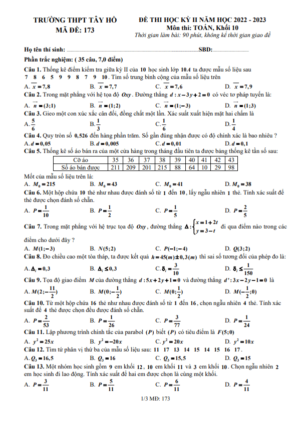 Đề thi học kỳ 2 Toán 10 năm 2022 – 2023 trường THPT Tây Hồ – Hà Nội