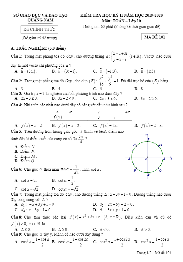 Đề thi học kỳ 2 Toán 10 năm học 2019 – 2020 sở GD&ĐT Quảng Nam