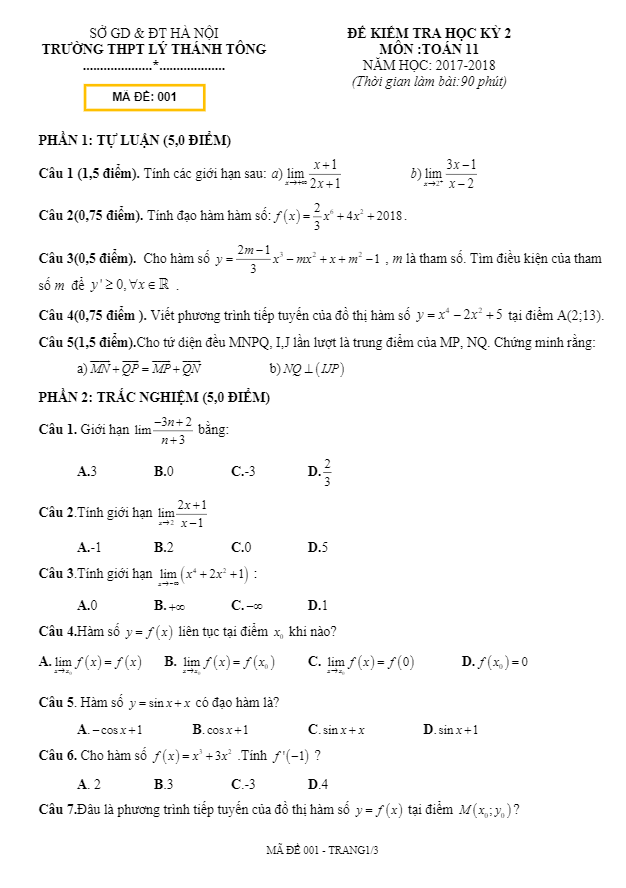 Đề thi học kỳ 2 Toán 11 năm 2017 – 2018 trường Lý Thánh Tông – Hà Nội