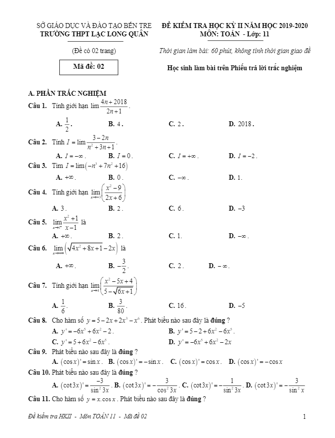 Đề thi học kỳ 2 Toán 11 năm 2019 – 2020 trường THPT Lạc Long Quân – Bến Tre