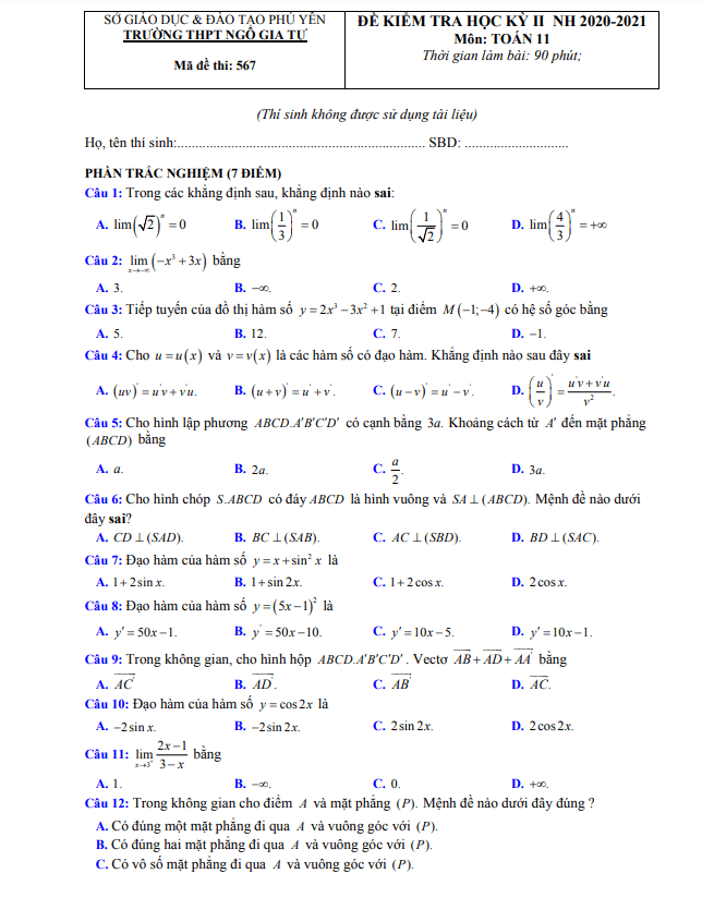 Đề thi học kỳ 2 Toán 11 năm 2020 – 2021 trường THPT Ngô Gia Tự – Phú Yên