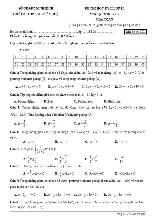 Đề thi học kỳ 2 Toán 12 năm 2018 – 2019 trường Nguyễn Huệ – Ninh Bình