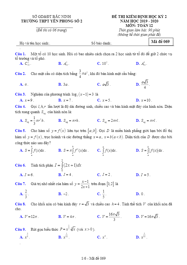 Đề thi học kỳ 2 Toán 12 năm 2019 – 2020 trường THPT Yên Phong 2 – Bắc Ninh