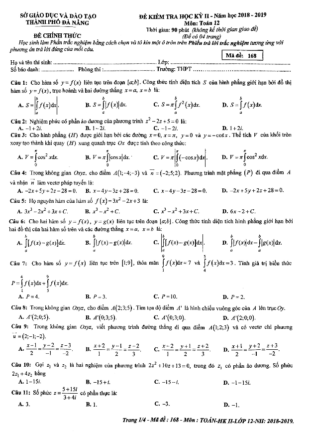 Đề thi học kỳ 2 Toán 12 năm học 2018 – 2019 sở GD&ĐT Đà Nẵng