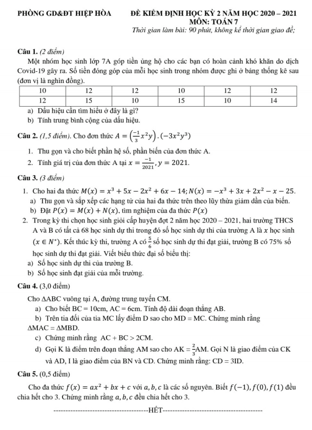 Đề thi học kỳ 2 Toán 7 năm 2020 – 2021 phòng GD&ĐT Hiệp Hòa – Bắc Giang
