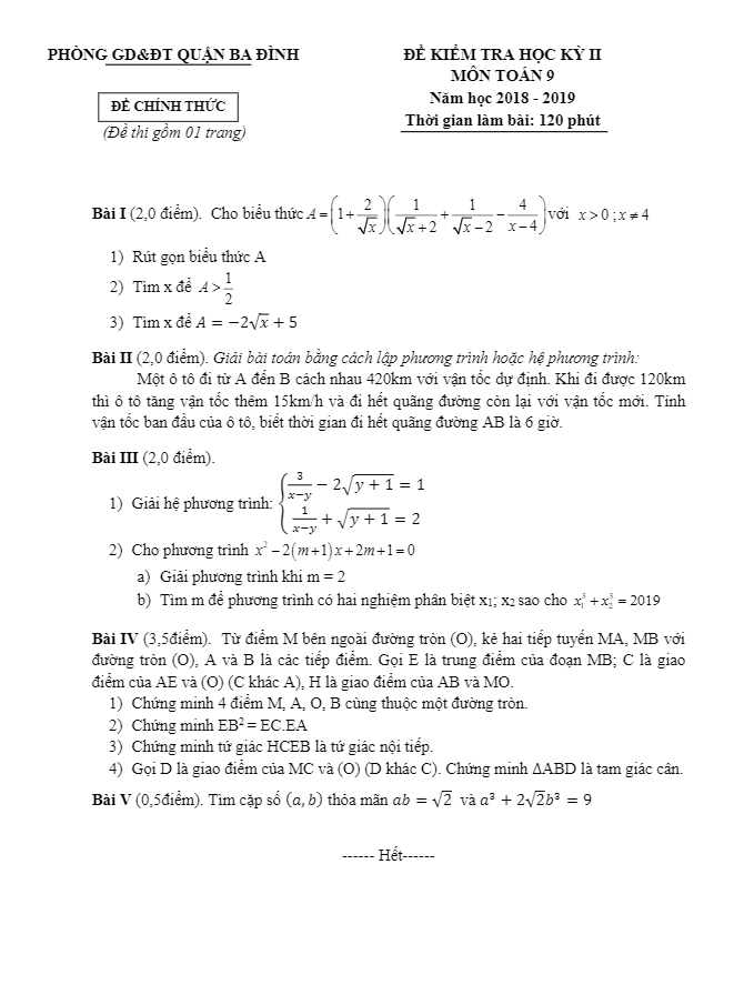 Đề thi học kỳ 2 Toán 9 năm 2018 – 2019 phòng GD&ĐT Ba Đình – Hà Nội
