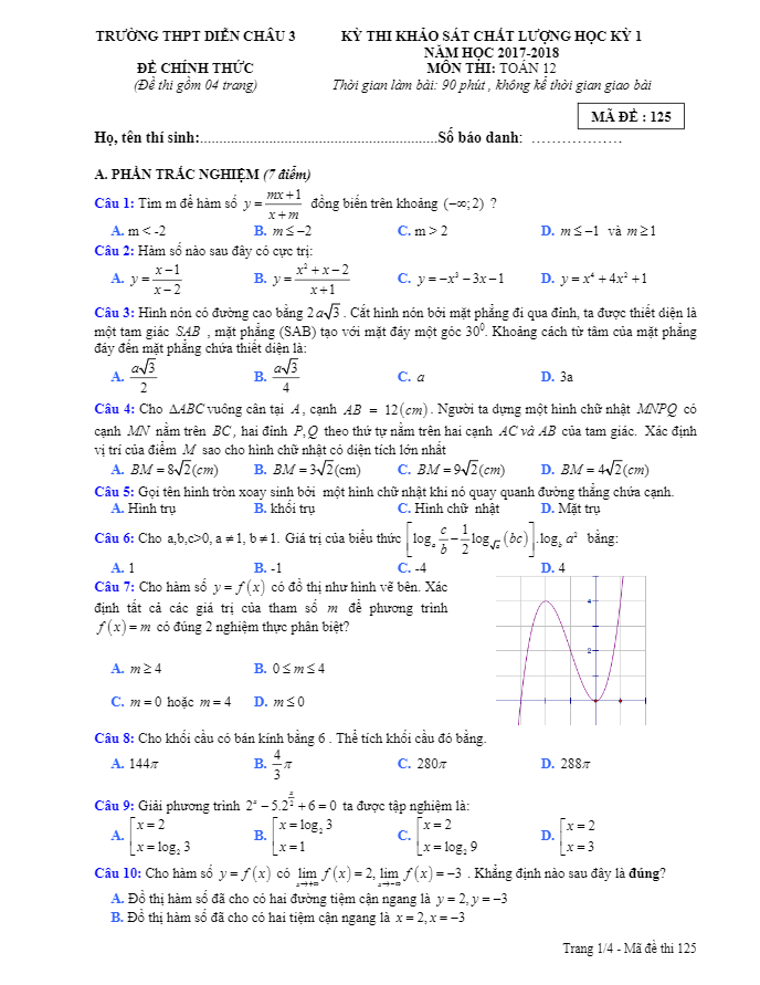 Đề thi học kỳ I Toán 12 năm học 2017 – 2018 trường THPT Diễn Châu 3 – Nghệ An