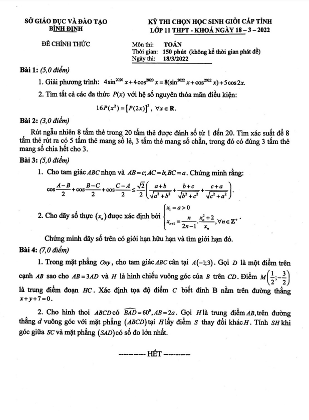 Đề thi học sinh giỏi cấp tỉnh Toán 11 năm 2021 – 2022 sở GD&ĐT Bình Định