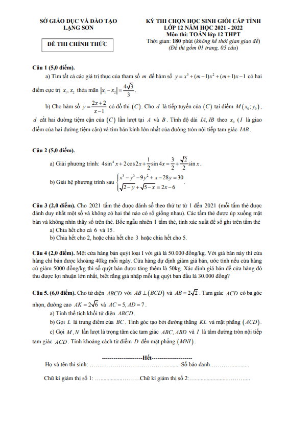 Đề thi học sinh giỏi cấp tỉnh Toán 12 năm 2021 – 2022 sở GD&ĐT Lạng Sơn