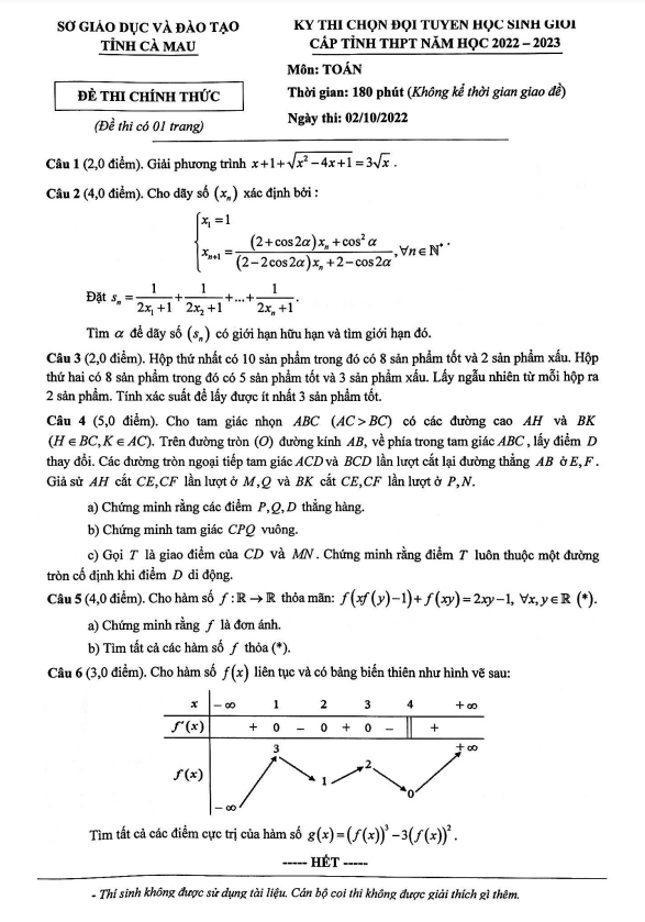 Đề thi học sinh giỏi cấp tỉnh Toán THPT năm 2022 – 2023 sở GD&ĐT Cà Mau