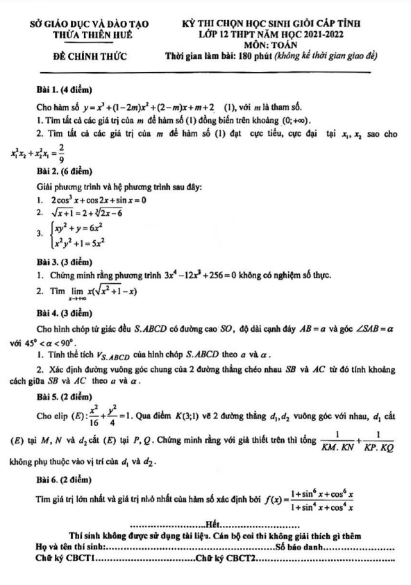 Đề thi học sinh giỏi tỉnh Toán 12 năm 2021 – 2022 sở GD&ĐT Thừa Thiên Huế