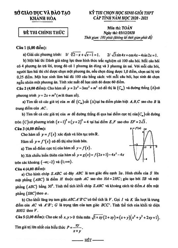Đề thi học sinh giỏi tỉnh Toán THPT năm 2020 – 2021 sở GD&ĐT Khánh Hòa