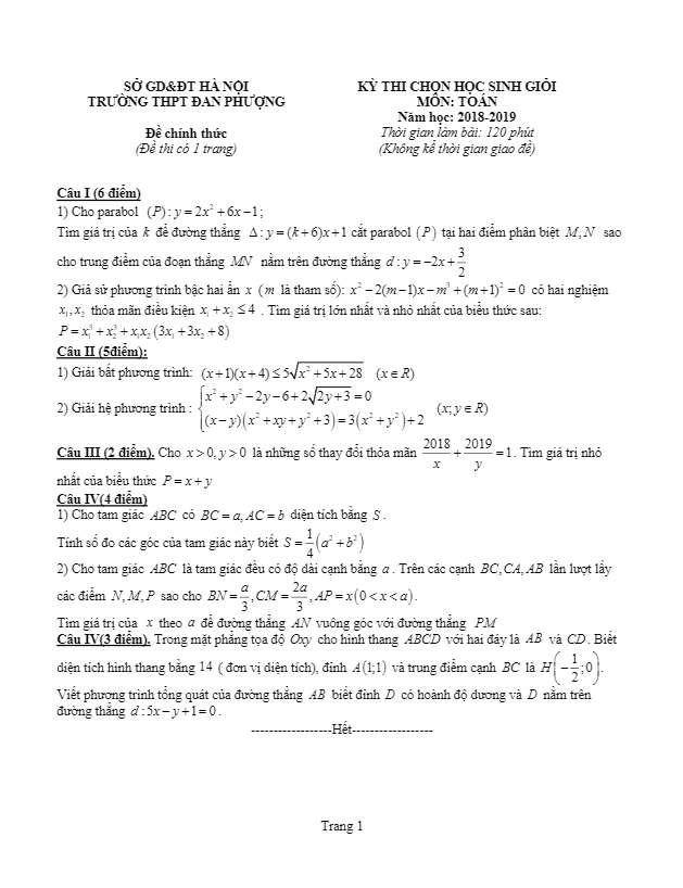Đề thi học sinh giỏi Toán 10 năm 2018 – 2019 trường Đan Phượng – Hà Nội
