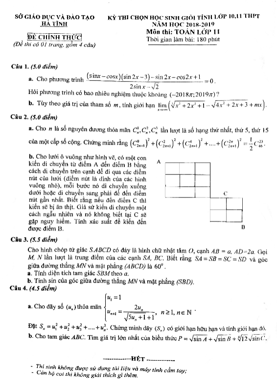 Đề thi học sinh giỏi Toán 11 năm học 2018 – 2019 sở GD&ĐT Hà Tĩnh