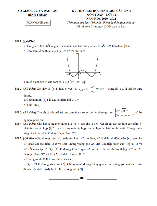 Đề thi học sinh giỏi Toán 12 cấp tỉnh năm 2020 – 2021 sở GD&ĐT Bình Thuận