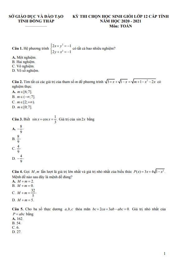 Đề thi học sinh giỏi Toán 12 cấp tỉnh năm 2020 – 2021 sở GD&ĐT Đồng Tháp