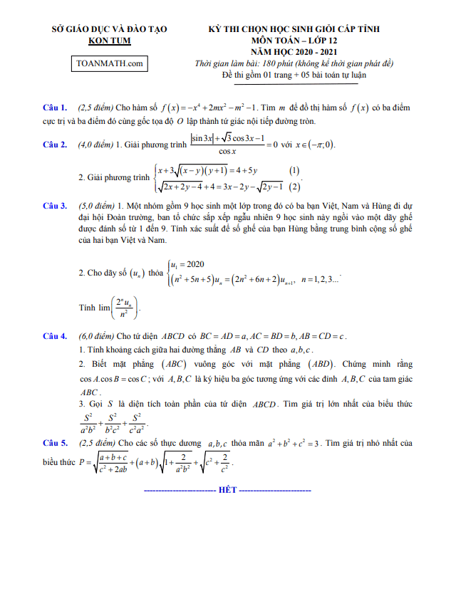 Đề thi học sinh giỏi Toán 12 cấp tỉnh năm 2020 – 2021 sở GD&ĐT Kon Tum