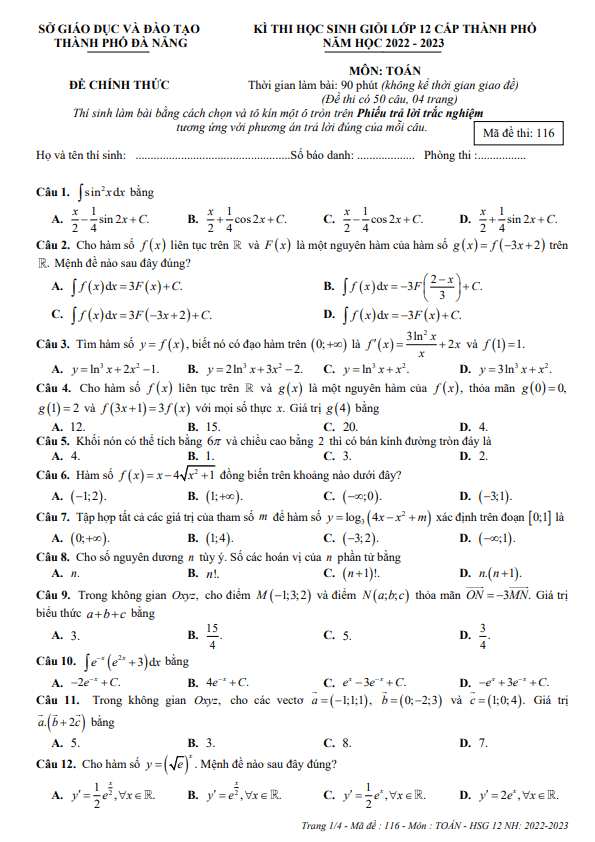 Đề thi học sinh giỏi Toán 12 năm 2022 – 2023 sở GD&ĐT Đà Nẵng