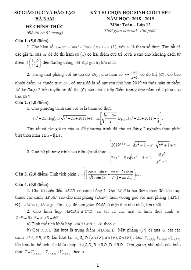 Đề thi học sinh giỏi Toán 12 THPT năm 2018 – 2019 sở GD&ĐT Hà Nam