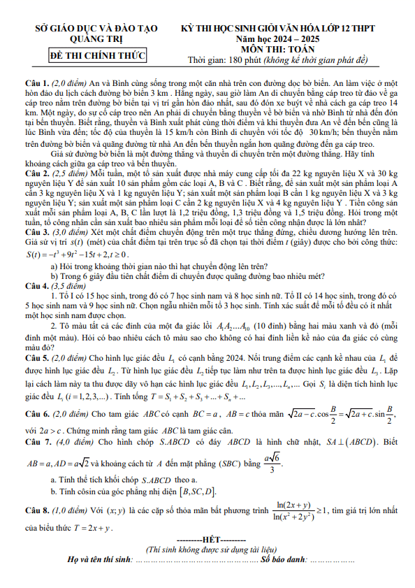 Đề thi học sinh giỏi Toán 12 THPT năm 2024 – 2025 sở GD&ĐT Quảng Trị