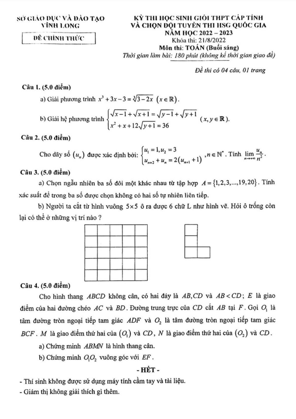 Đề thi học sinh giỏi Toán THPT cấp tỉnh năm 2022 – 2023 sở GD&ĐT Vĩnh Long