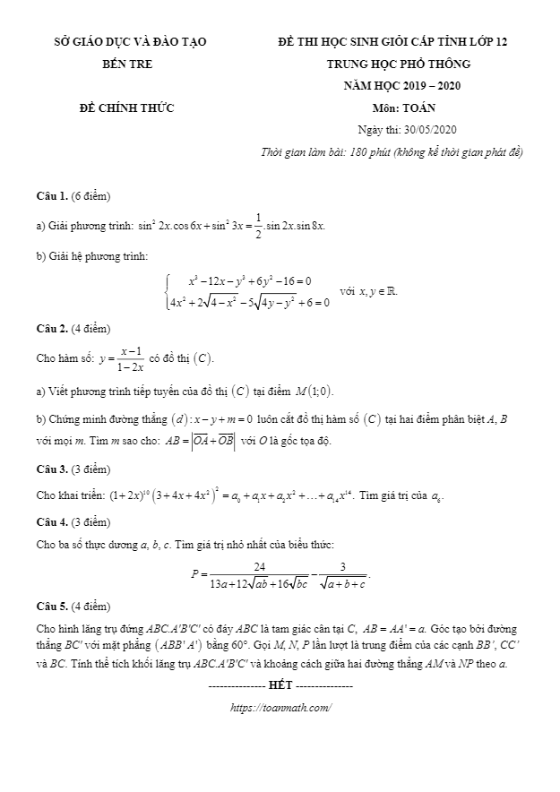 Đề thi HSG cấp tỉnh Toán 12 năm học 2019 – 2020 sở GD&ĐT Bến Tre