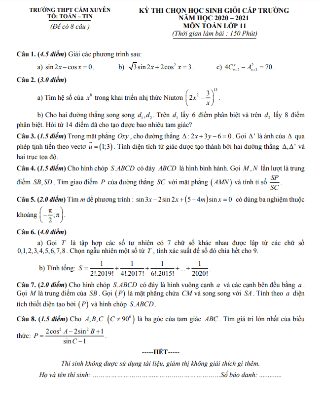 Đề thi HSG cấp trường Toán 11 năm 2020 – 2021 trường Cẩm Xuyên – Hà Tĩnh