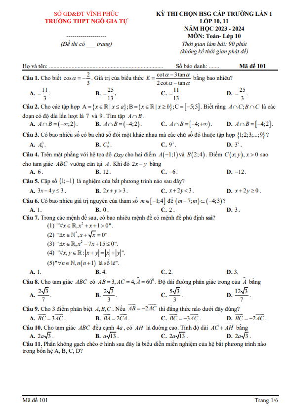 Đề thi HSG Toán 10 lần 1 năm 2023 – 2024 trường THPT Ngô Gia Tự – Vĩnh Phúc