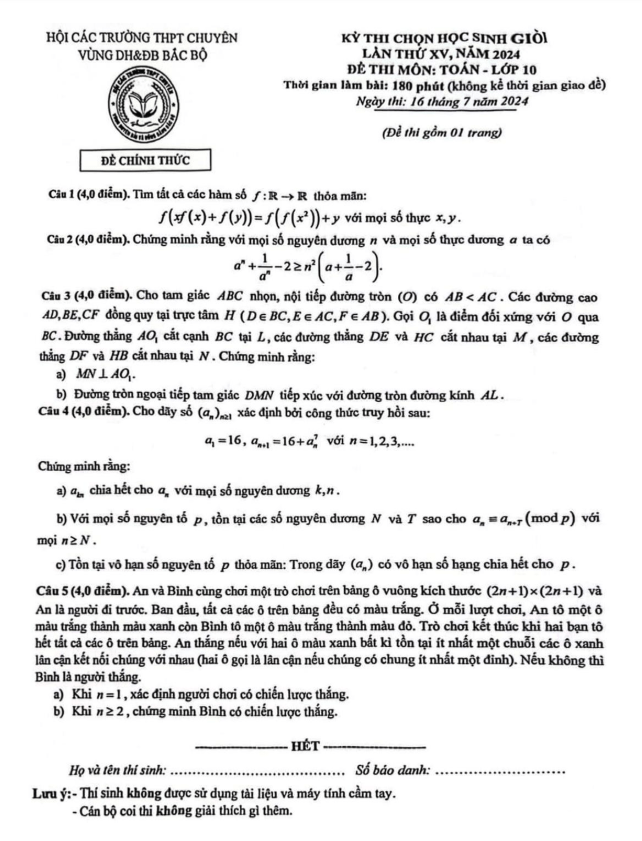 Đề thi HSG Toán 10 lần 15 năm 2024 hội các trường THPT chuyên DH&ĐB Bắc Bộ