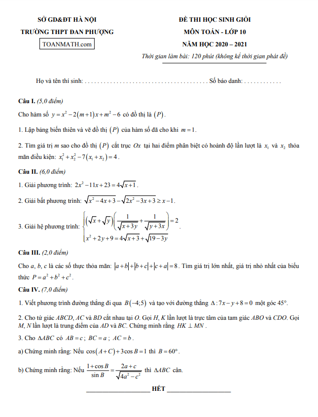 Đề thi HSG Toán 10 năm 2020 – 2021 trường THPT Đan Phượng – Hà Nội