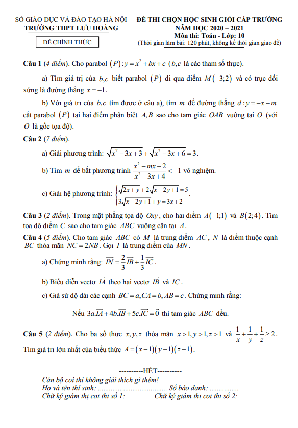 Đề thi HSG Toán 10 năm 2020 – 2021 trường THPT Lưu Hoàng – Hà Nội