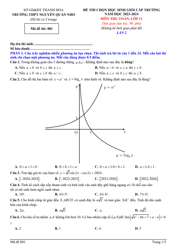 Đề thi HSG Toán 11 lần 2 năm 2023 – 2024 trường THPT Nguyễn Quán Nho – Thanh Hóa