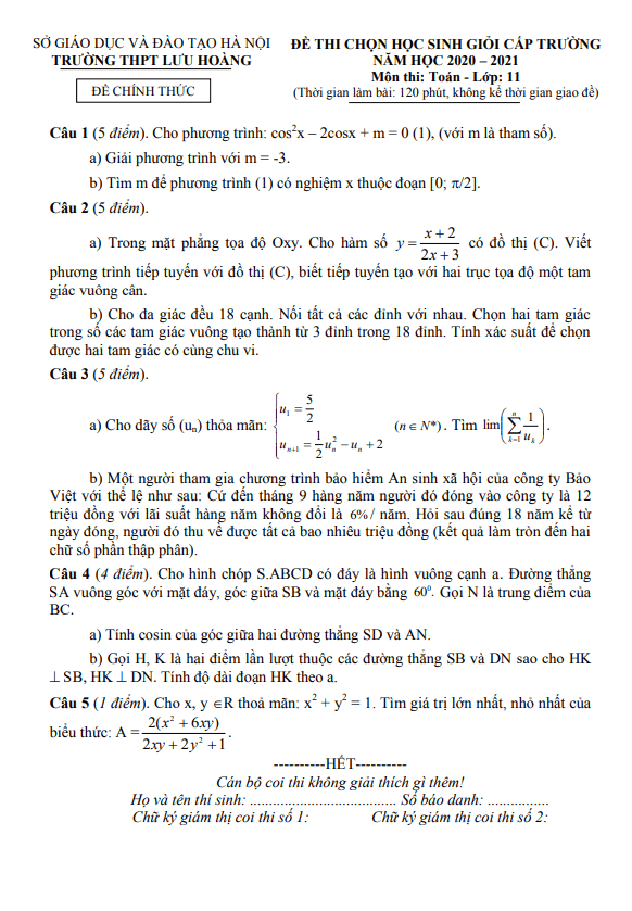 Đề thi HSG Toán 11 năm 2020 – 2021 trường THPT Lưu Hoàng – Hà Nội