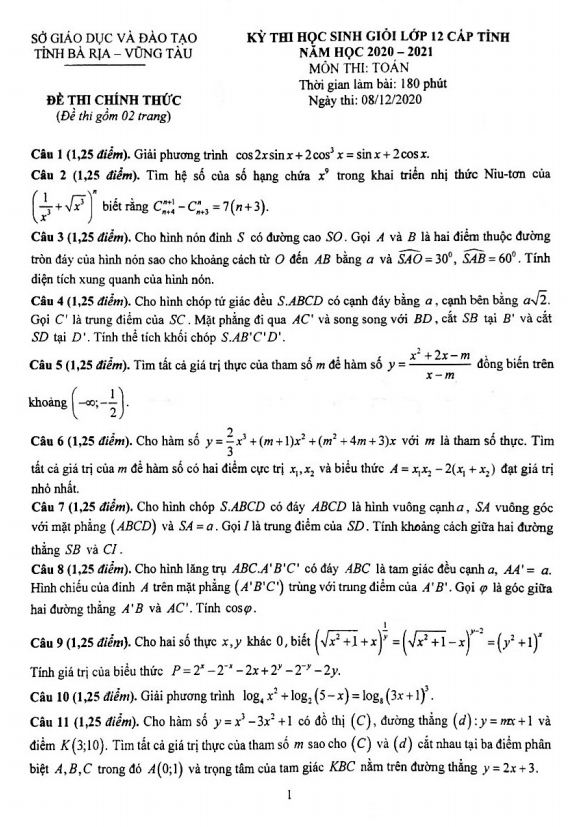 Đề thi HSG Toán 12 cấp tỉnh năm 2020 – 2021 sở GD&ĐT Bà Rịa – Vũng Tàu