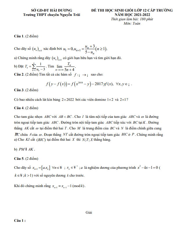 Đề thi HSG Toán 12 cấp trường năm 2021 – 2022 trường chuyên Nguyễn Trãi – Hải Dương