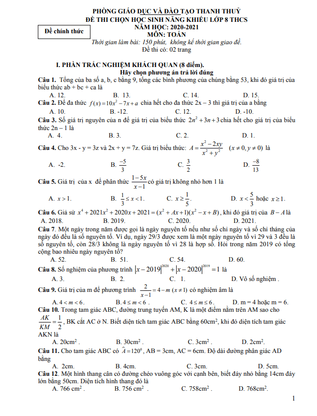 Đề thi HSG Toán 8 năm 2020 – 2021 phòng GD&ĐT Thanh Thủy – Phú Thọ