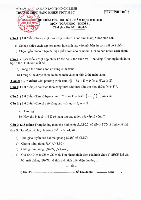 Đề thi kì 1 Toán 11 năm 2020 – 2021 trường THPT Năng khiếu TDTT Bình Chánh – TP HCM