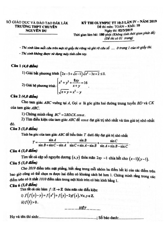 Đề thi Olympic 10/3 Toán 10 năm 2019 lần 4 trường chuyên Nguyễn Du – Đăk Lăk