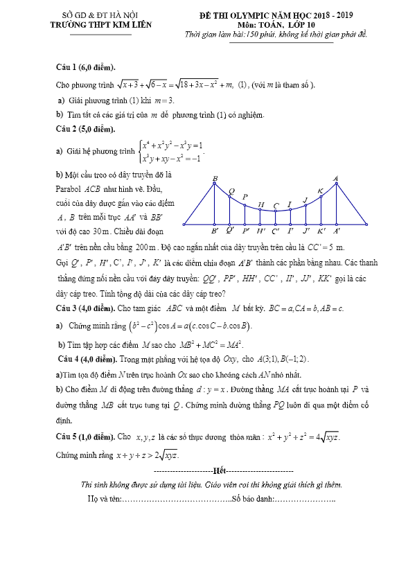 Đề thi Olympic Toán 10 năm 2018 – 2019 trường THPT Kim Liên – Hà Nội