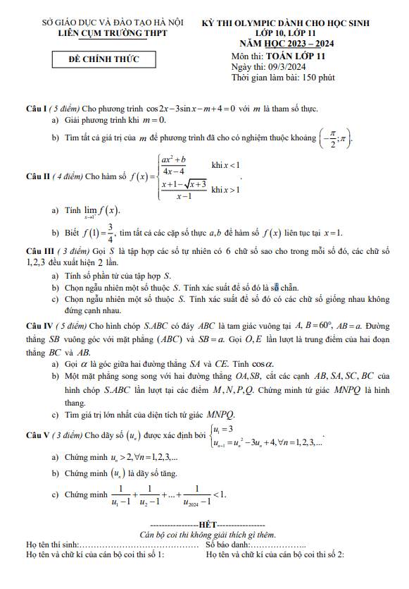 Đề thi Olympic Toán 11 năm 2023 – 2024 liên cụm trường THPT – Hà Nội